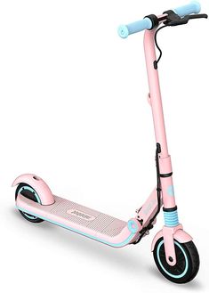 a pink scooter with blue wheels is on a white surface and it's light