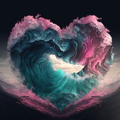 a heart - shaped wave in the ocean with pink and blue waves coming out of it