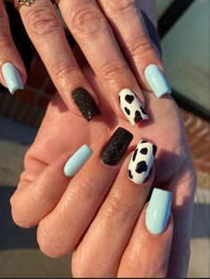 Cow Print And Blue Nails, Cow Print Toenails, Cowprint Nail Design Almond, Simple Western Nails Almond, Black And White Cow Print Nails, Blue Nails With Cow Print, Blue Cowprint Nails, Black And Blue Nails Ideas, Black And Baby Blue Nails