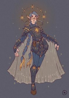 a drawing of a woman in blue and gold with stars on her head, wearing a dress