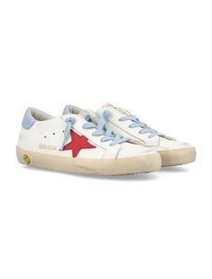 Super Star Sneakers By Golden Goose Kids. Featuring: Leather Upper Round Toe Lace-up Fastening Logo Label At Tongue Red Leather Star Light Blue Leather Heel Counter Rubber Sole Vintage Effect Composition: 100% cow leather Sole, 100% rubber | Golden Goose Super Star Sneakers Boys in White/Red/Blue | SS24 Golden Goose Kids, Shoes Wishlist, Bed Party, Fire Shoes, 2024 Wardrobe, Hotty Toddy, Preppy Shoes, Shoe Wishlist, Shoes Diy