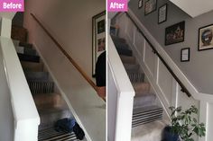 before and after photos of a stair case with carpet on the bottom, and in the middle