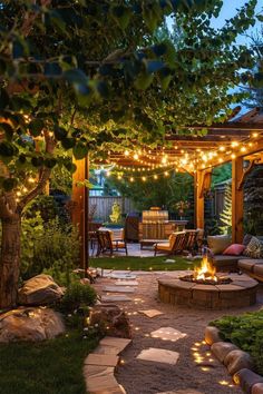 an outdoor patio with fire pit, seating area and lights strung over the pergolated area