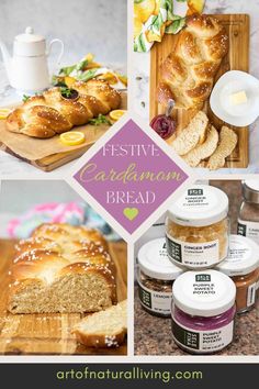 bread and jams are featured in this collage with the words festive cardamon bread