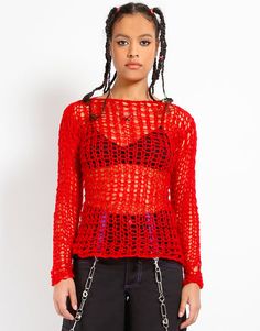 Baggy Sweater Outfits, Punk Sweater, Red Fishnets, Tripp Pants, Ripped Sweater, Orange Outfit, Tripp Nyc, Red Sweater, Crochet Fashion