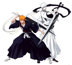 two anime characters with swords in their hands