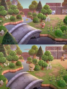 an animal crossing over a bridge in the middle of a cartoon land with trees and animals