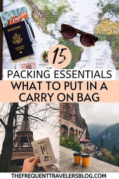 the eiffel tower with text overlay that says packing essentials what to put in a carry on bag