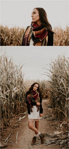 two pictures of a woman standing in the middle of a corn field