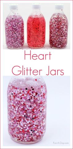 three jars filled with glitter and the words heart glitter jars in red, pink, and purple