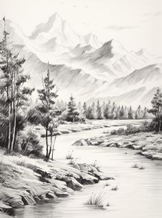 a pencil drawing of mountains and trees in the snow by a river with water running through it