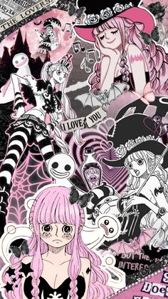 an anime character with pink hair and lots of stickers on her face, surrounded by other cartoon characters