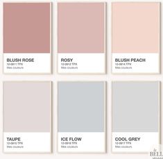 six shades of pink and grey with the words blush rose, rosy peach, cool grey