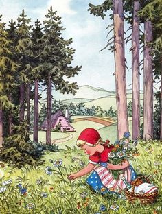 a painting of a girl picking flowers in the woods with a basket on her lap