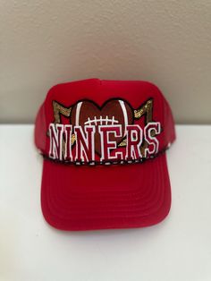 San Francisco 49ers trucker hat. Perfect for the upcoming football season. Red Snapback Trucker Hat For Game Day, Football Season Sports Fan Cap, Sports Fan Cap For Football Season, Game Day Cap For Football Season, Team Spirit Trucker Hat Snapback For Game Day, Team Spirit Trucker Hat For Fan Gear, Sports Fan Hats For Football Season Game Day, Game Day Football Season Sports Fan Hat, Sf Giants