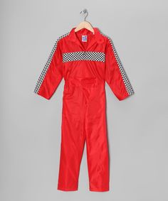 a child's red rain suit hanging on a hanger, with checkered sleeves