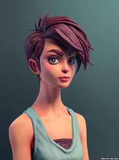 an animated woman with brown hair and blue eyes