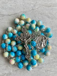 Handcrafted Catholic Prayer Blue Marbled Glass Beads Rosary - Etsy Blue Rosary With 8mm Beads And Crucifix, Handmade Blue Rosary With Cross Shape, Blue Rosary With 8mm Beads In Cross Shape, Handmade Blue Rosary With Cross, Decade Rosary, Praying The Rosary, Saint Michael, Rosary Chain, Eye Pins