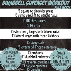 the dumbbell superset workout plan is shown in blue and white, with instructions on how to do it