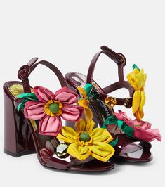 Floral-appliqué patent leather sandals in red - Dolce Gabbana | Mytheresa Tom Ford Sandals, Flower Heels, Sandals Woman, Floral Sandals, Dolce Gabbana Shoes, Wide Heels, Red Sandals, Leather Floral, Floral Accessories