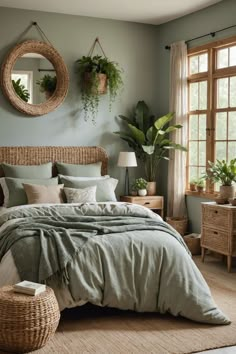 a bedroom with a bed, mirror and plants on the wall above it's headboard