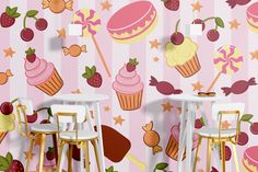 the wallpaper is very colorful and has cupcakes on it