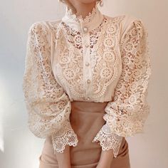 Top In Pizzo, Women Lace Blouse, Stand Collar Shirt, Lace Blouse Long Sleeve, Patch Work Blouse, White Lace Blouse, Petal Sleeve, Vintage Blouse, Flower Lace