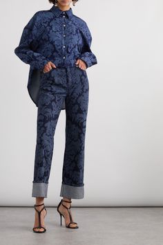 Alexander McQueen's shirt is decorated with an ornate pattern inspired by traditional damask weaving techniques. Made from denim, it has sloping shoulders and falls longer at the back. Wear yours with the matching jeans from our edit. Printed Denim Shirt, All Jeans, Queen Shirts, British Heritage, Floral Denim, Printed Denim, Everyday Wardrobe, Matching Shirts, Jeans Dress