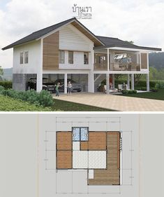 two story house plan with garage and living room on the second floor, attached to an upper level deck