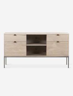 the sideboard with two drawers and one door open, in white ash wood finish