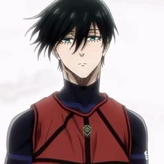 an anime character with black hair and blue eyes wearing a red vest, looking at the camera