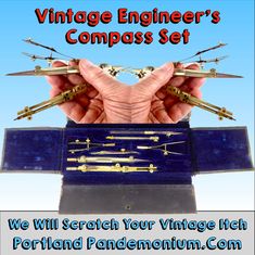 a set of antique scissors in a blue case with text reading vintage engineer's compass set we will scratch your vintage high portland pendulum