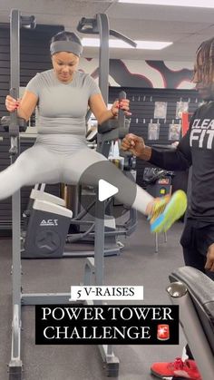 two people doing exercises in a gym with the caption, power tower challenge 3 v - raise