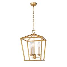 a brass colored light fixture with three candles hanging from the bottom and one candle in the middle