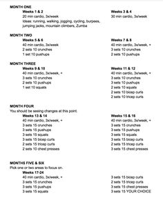 the workout plan is shown in black and white, with instructions for each week's workout