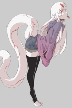 an anime character with white hair and black pants, holding a pink flamingo in her hand