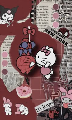 a collage of stickers and papers with hello kitty on them, including an image of a heart