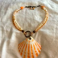 One Of A Kind Gorgeous Necklace In Cream, White And Peachy Fresh Water Pearls And Large Scallop Shell Pendant. Approx 20” Drop With 3” Chain Extender. Made In Hawaii Scallop Shell, Seashell Necklace, Scallop Shells, Fresh Water Pearls, Chain Extenders, Water Pearls, Shell Pendant, Gorgeous Necklaces, Orange White