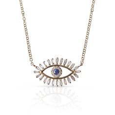 BAGUETTE DIAMOND EVIL EYE NECKLACE WITH BLUE SAPPHIRE EYE Luxury Diamond Eyes Necklaces For Women, Eye Beautiful, Emerald Cut Eternity Band, Morganite Necklace, Sapphire Eyes, Black Beads Mangalsutra, Black Beads Mangalsutra Design, Cuban Link Necklace, Evil Eye Necklace Gold