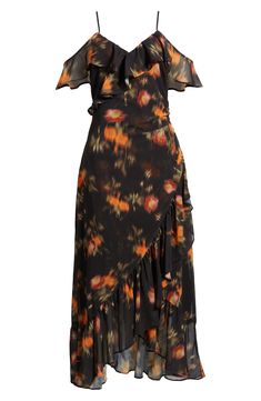 Embody modern elegance with a hint of boho inspiration in this ruffly cold-shoulder dress featuring an eye-catching pattern. 44" center front length (size Medium) Hidden back-zip closure V-neck Adjustable straps Cold-shoulder short sleeves Lined 100% polyester Machine wash, line dry Imported Black Bohemian Midi Dress With Ruffles, Cold Shoulder Dress Pattern, Multi Wallpaper, Shoulder Ruffle Dress, Boho Inspiration, Modern Elegance, Nordstrom Dresses, Dress Pattern, Ruffle Dress