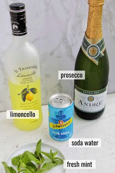 the ingredients to make an alcoholic cocktail including lemonade, soda water and fresh mint