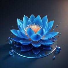 a blue water lily floating on top of a black surface with drops of water around it