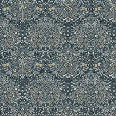 an intricately designed wallpaper with blue flowers and leaves on the side, in grey tones