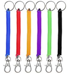 six different colored key chains with metal hooks on each side and one in the middle