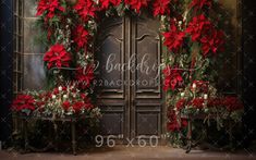 two chairs with poinsettias on them are in front of a metal door