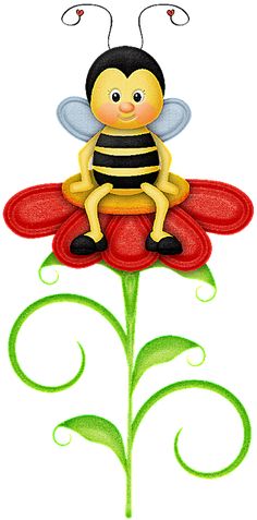 a bee sitting on top of a red flower with green leaves and swirls around it