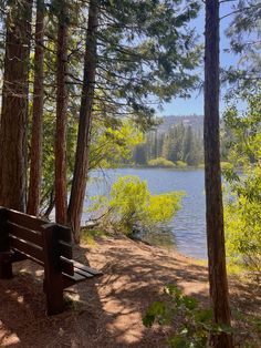 a wooden bench sitting on top of a forest next to a lake surrounded by trees