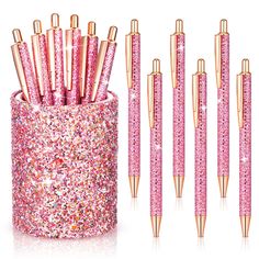 PRICES MAY VARY. Get: package contains a bling bling pink leather pen holder and 6 sequin pens in pink color, put them together on your desk to make your desk look stylish and attractive Stylish Office Set: the glitter storage pen holder in solid color with shiny elements is made of PU leather; These sequin pens are made of colored metal, decorated with stunning metal finishes and accessories, the body is decorated with large sequin shaped crystals, looks more bright Multifunctional Decorative O Pink Pencil Holders, Cheap Pink Rectangular Craft Supplies, Luxury Pink Office Sets, Bling Desk Accessories, Sparkly Desk, Glitter Storage, House Gadgets, Pens Cute, Shaped Crystals