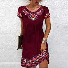 Women's Fashion Comfortable Casual Ethnic Short Sleeve Round Neck Print Dress Features: 1.One is Cute Dress ,can be a gift for the upcoming .idea. Great Dress for parties! Great present for ALL. 2.Polyester and Spandex make you feel soft and comfortable.machine and hand wash,the surface without any attachments, have good air permeability.Soft and Breathable material,unique design and comfortable to wear. 3.Occasion: Good for casualdaily or workout use and special occasion, Suit for Spring/Summer Summer Dresses With Sleeves, Mid Skirt, Casual Short Sleeve Dress, Boho Summer Dresses, Shift Dresses, Ethnic Dress, Midi Dress Casual, Vestido Casual, Vintage Elegant