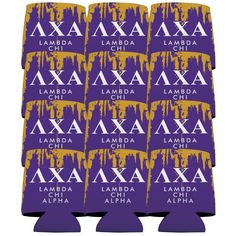 six purple and gold beer can holders with the word lamada printed on each one